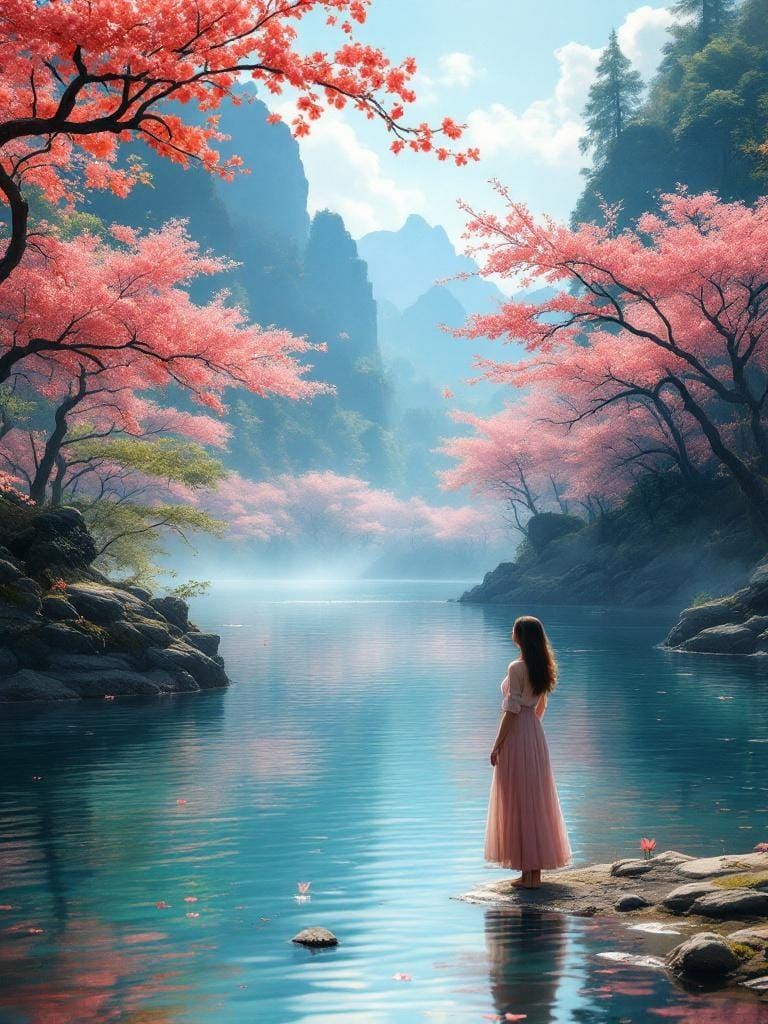 Woman in Plum Blossom Forest: Ethereal Fantasy Art