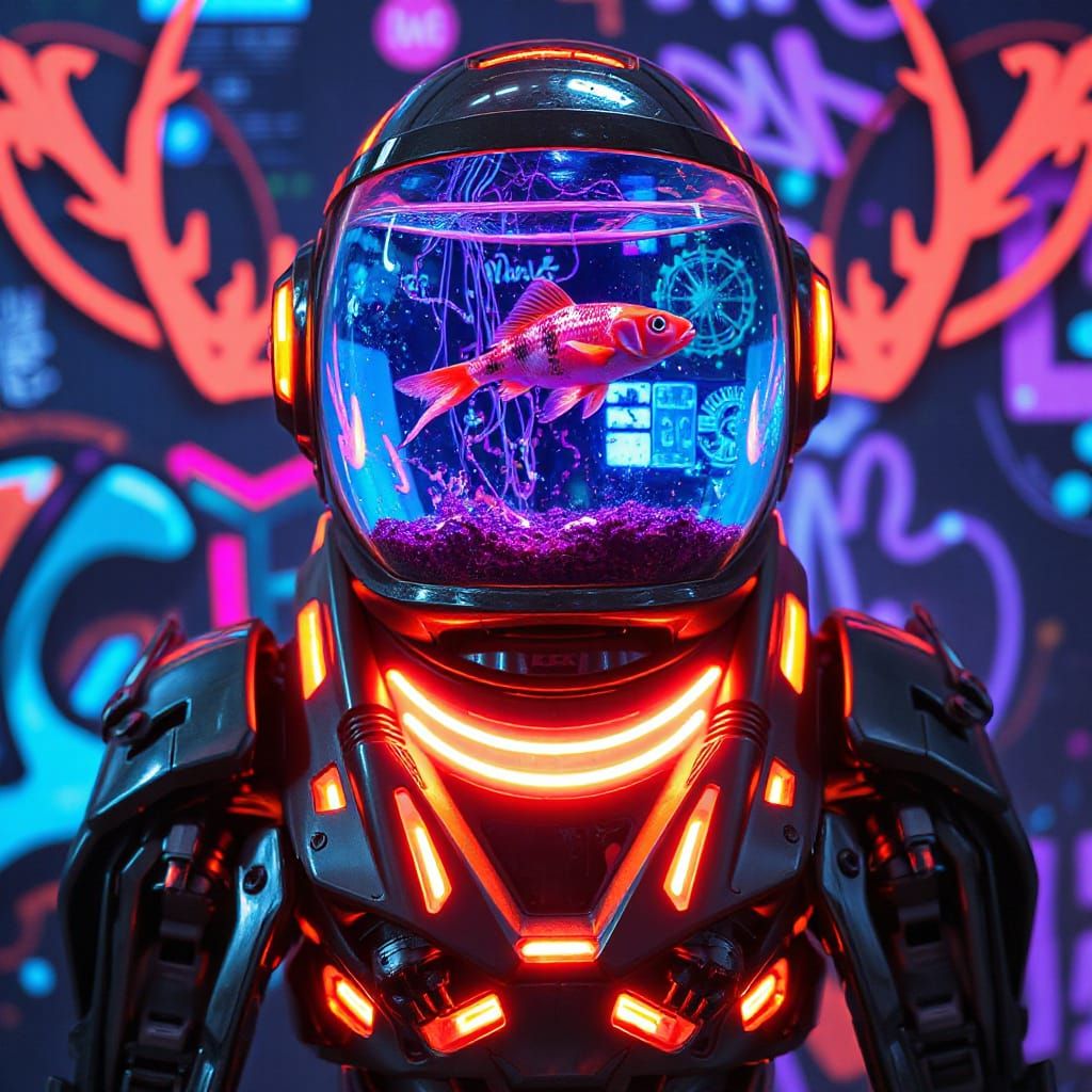 Neon Robot: Futuristic Art with Aquarium Head