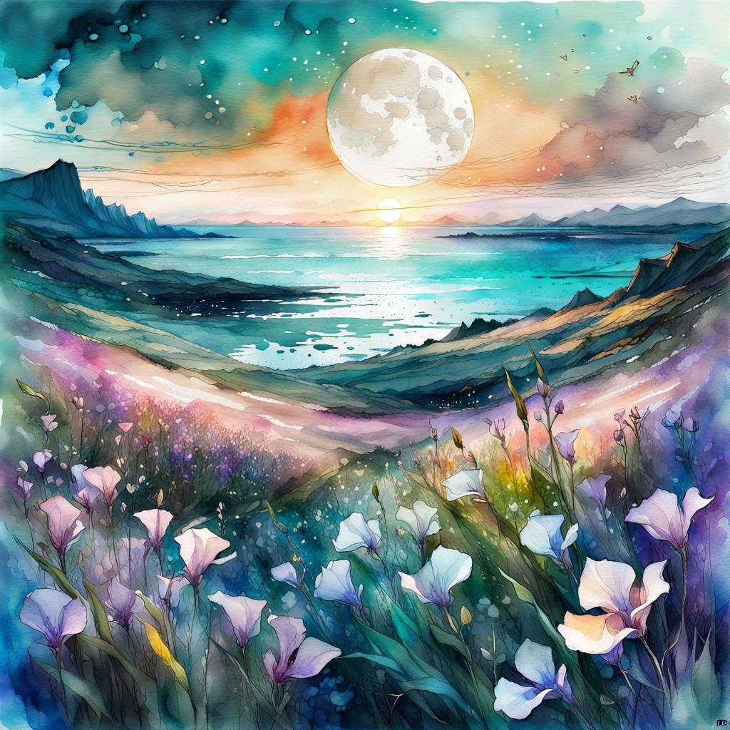 Lathyrus Odoratus Field at Night, Digital Watercolor