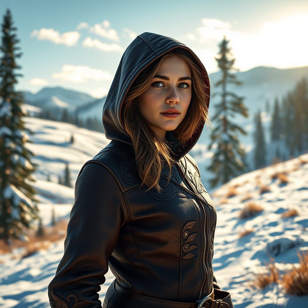 Fantasy Leather Heroine in Snowy Landscape