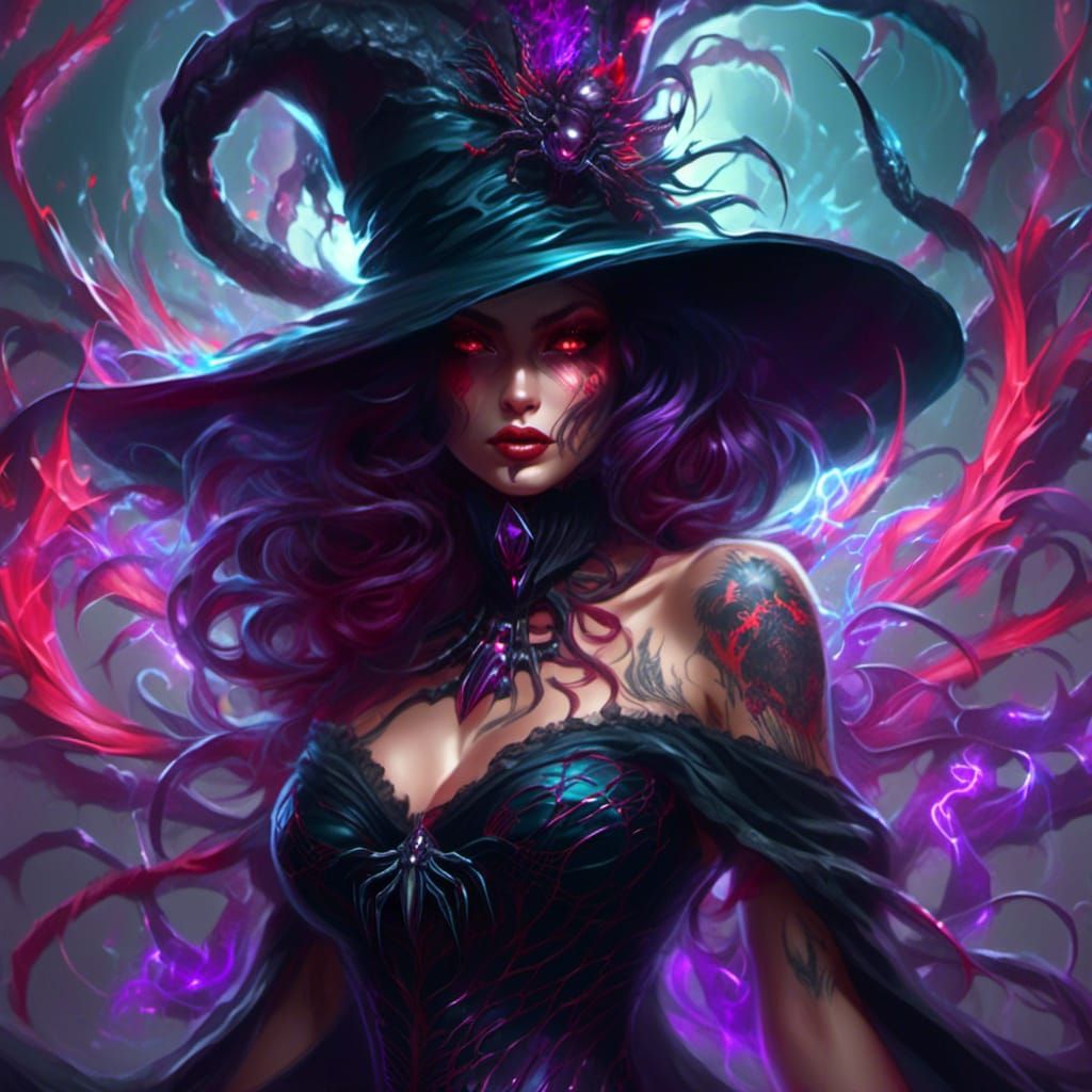 Eerie Witch Goddess with Spider Tattoos