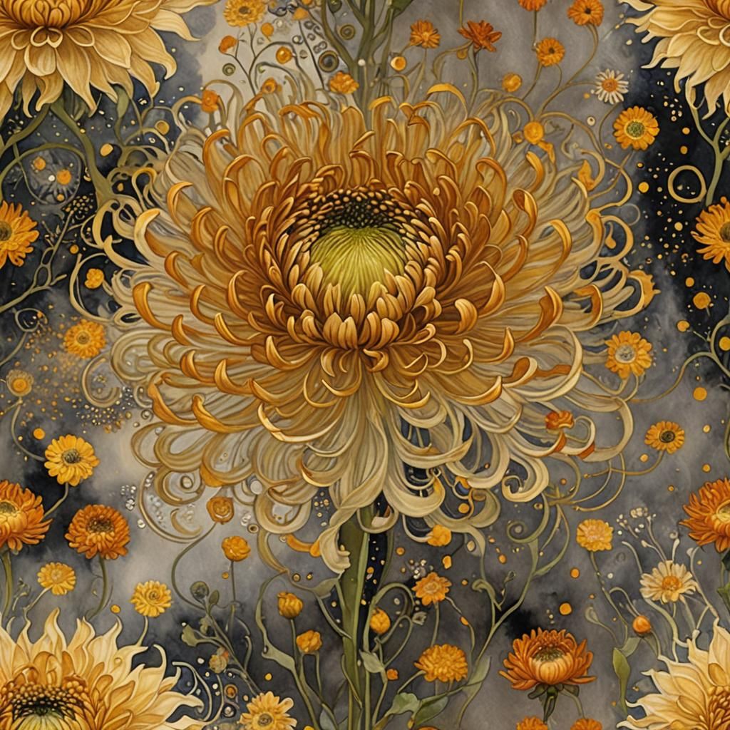 Golden Chrysanthemum Rising from Silver Lake, Art Nouveau