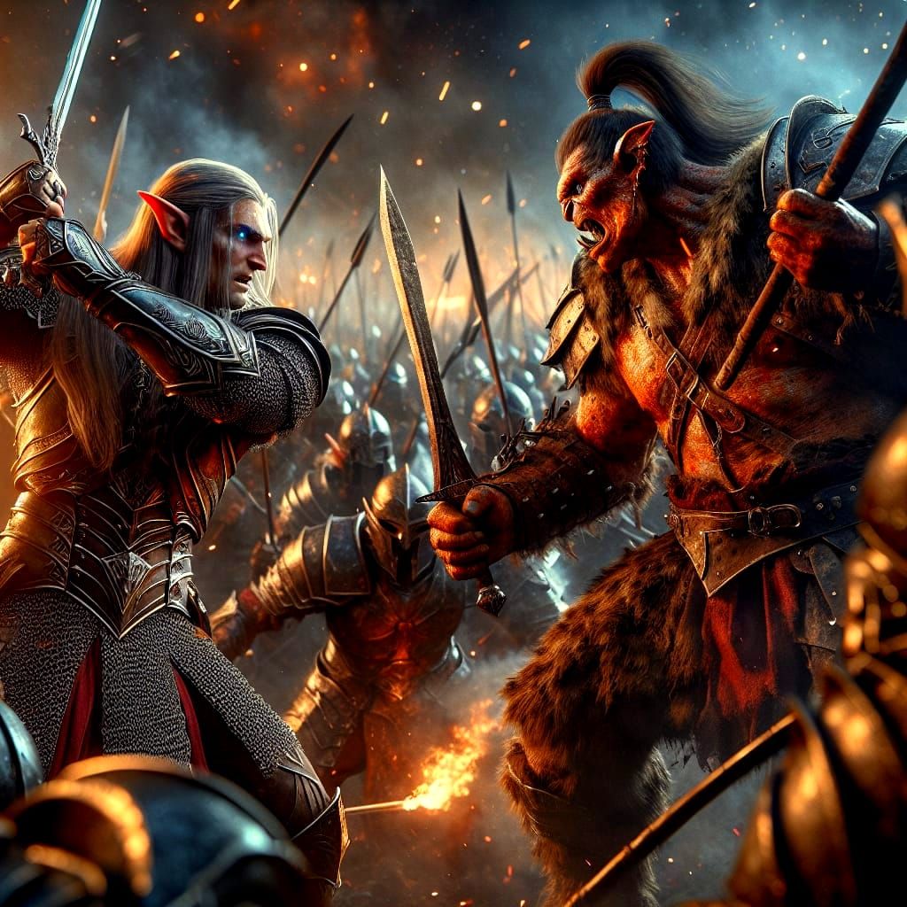 Epic Battle Between Elves and Orcs in Triadic Color Scheme