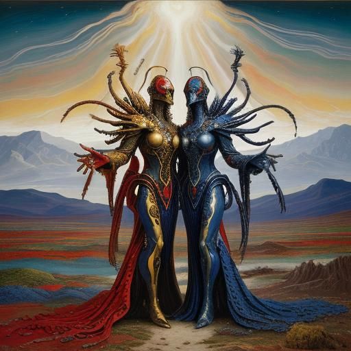 Cosmic Characters in Vibrant Landscape as Oil Painting