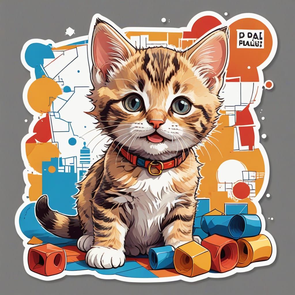 Vibrant Comic-Style Kitten Made of Architecture Elements