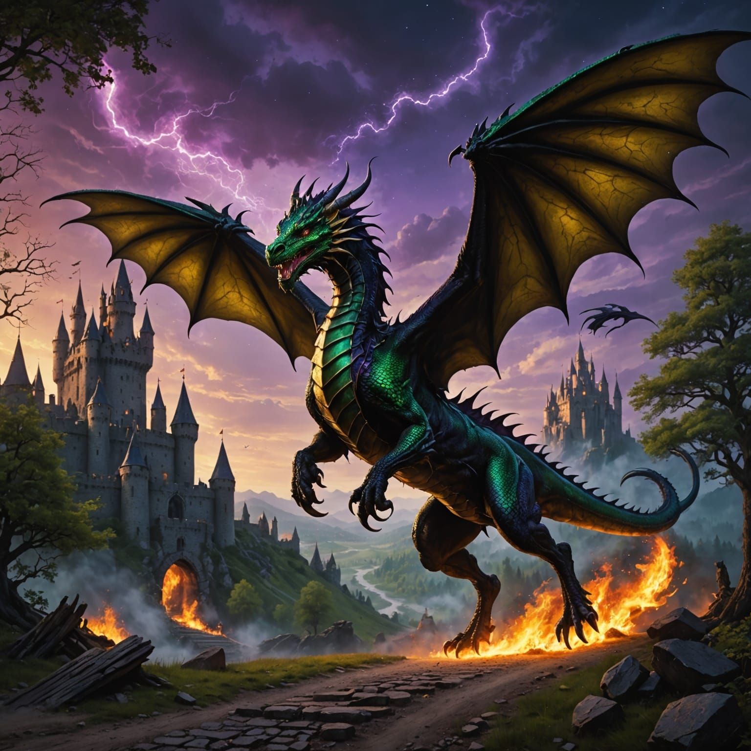 Dragon Soars Above Castle in Mid-Evil Landscape