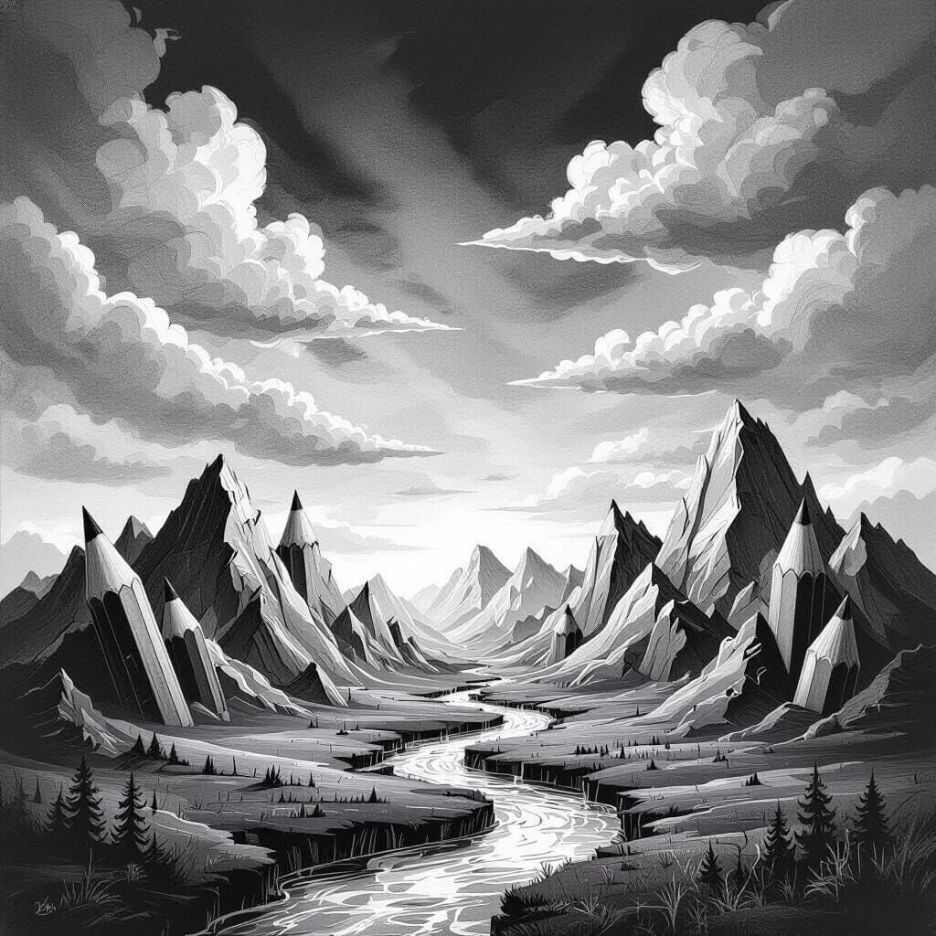 Surreal Landscape of Pencil Mountains and Ink Rivers