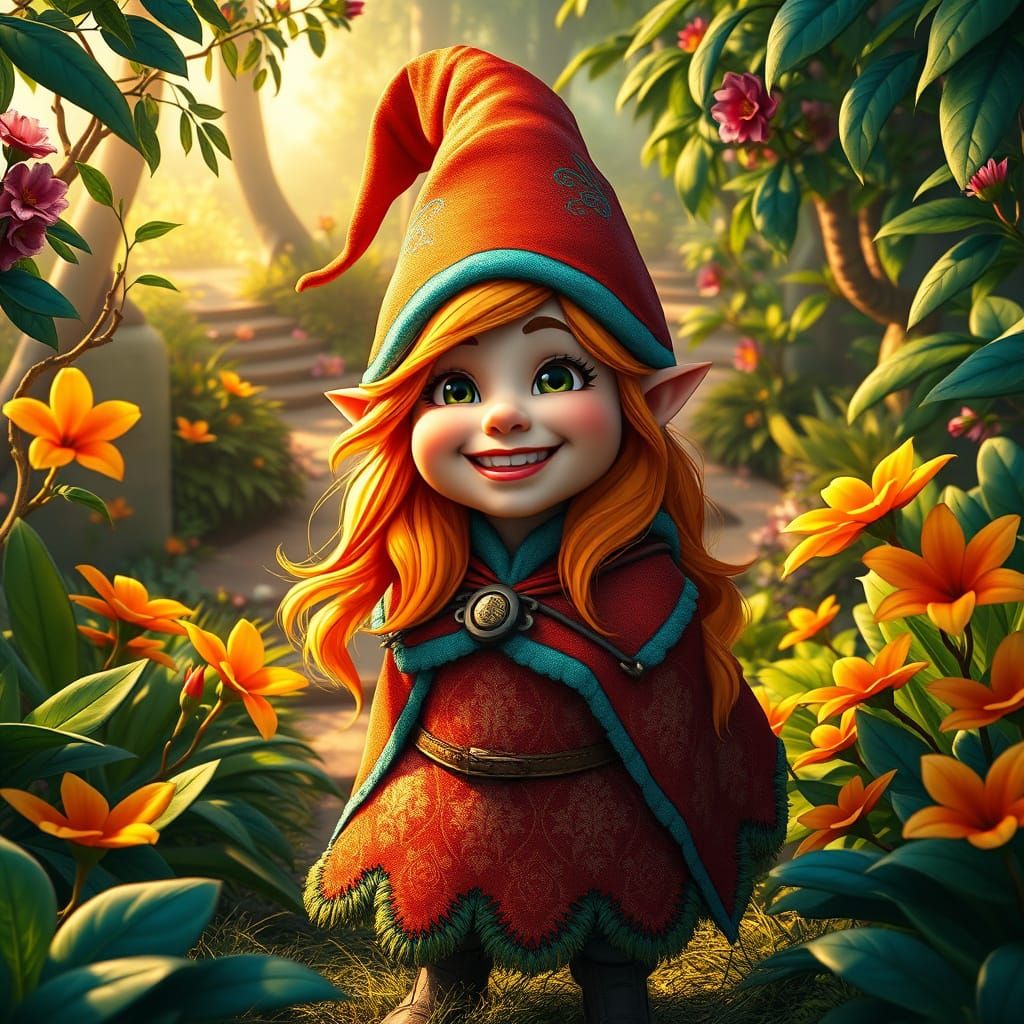 Vibrant Gnome Surveys Lush Fantasy Garden in Teal and Orange