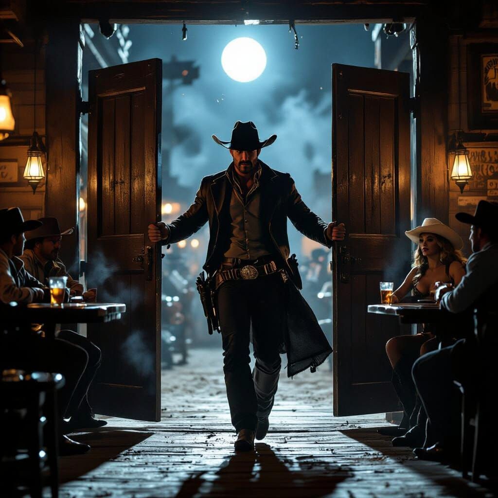 Cowboy in Saloon Doorway at Night, Cinematic HDR