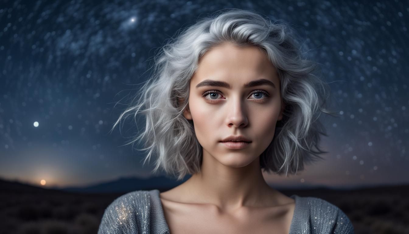 Young Woman Portrait Under Starry Night Sky