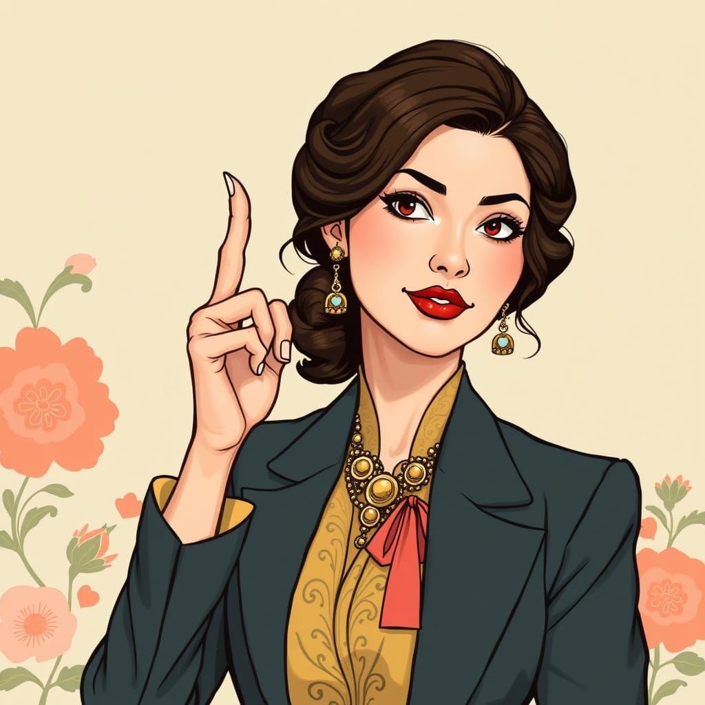 Elegant Woman Wagging Finger in Art Nouveau Style