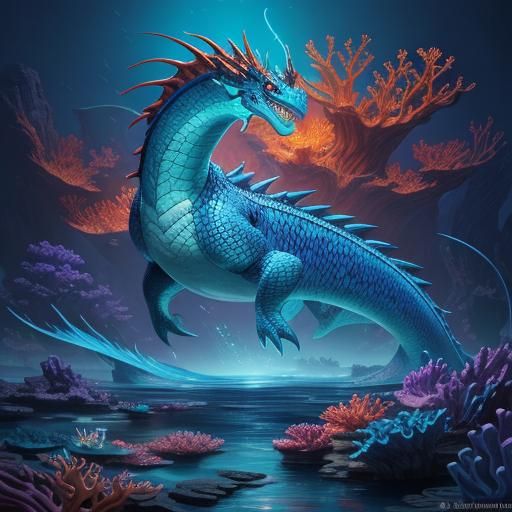 Mythical Dragon Fish in Bioluminescent Coral Reef
