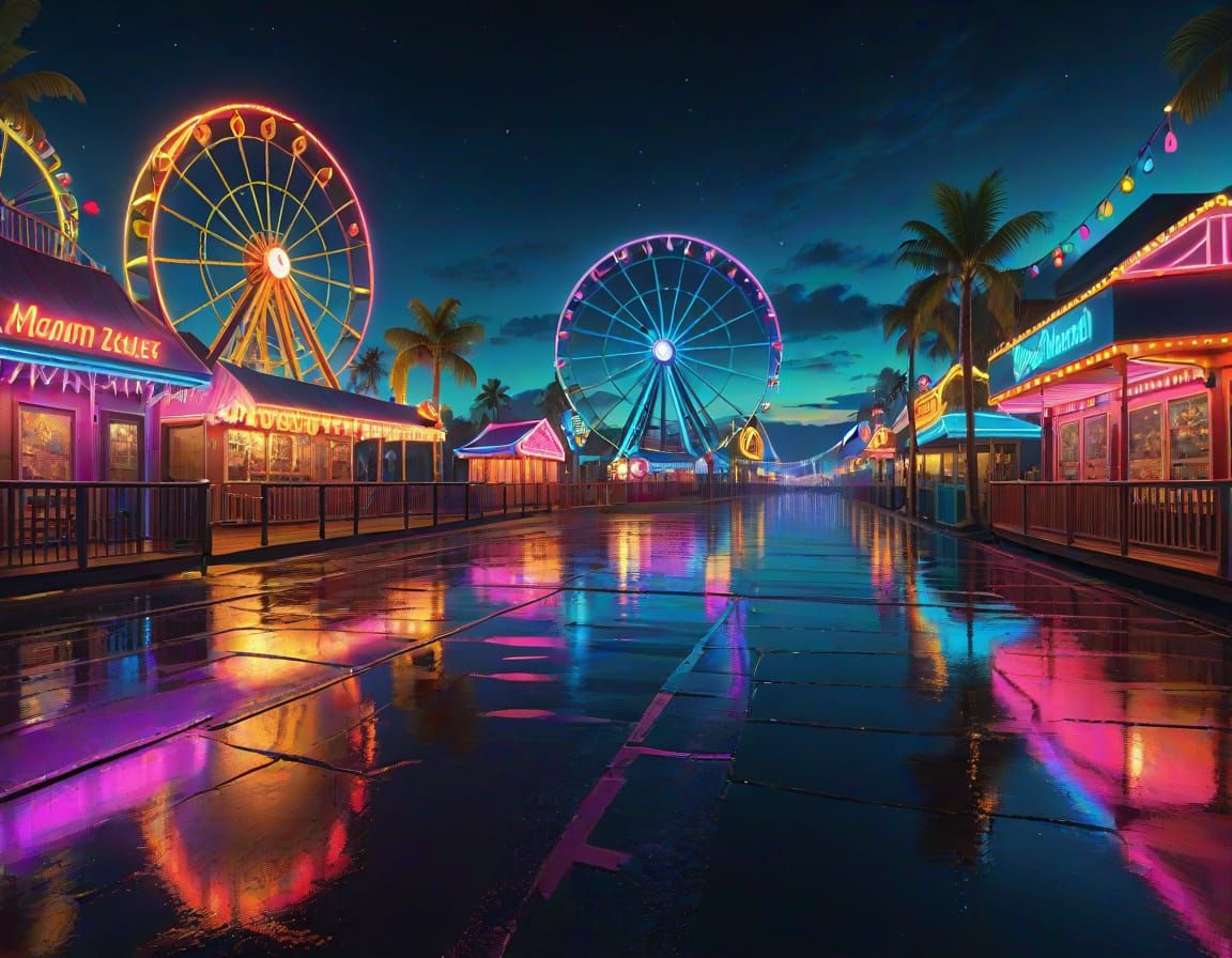 Night Boardwalk in Vibrant Oil Painting Style