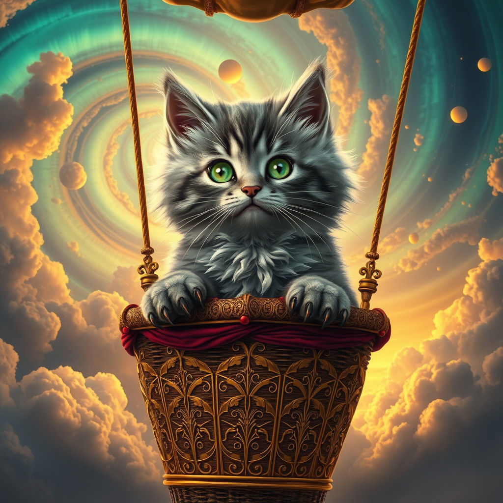 Kitten in Hot Air Balloon Amidst Aurora Borealis