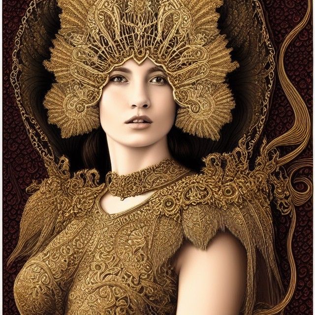Armored Woman Portrait with Gold Filigree Details
