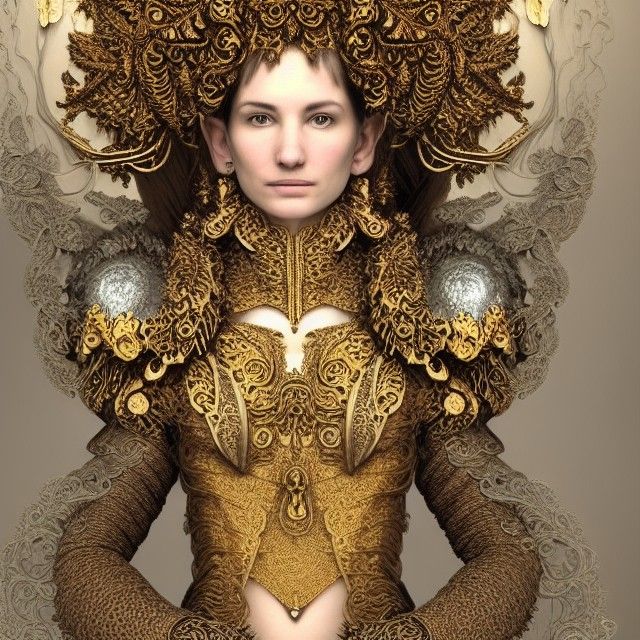 Beautiful Woman in Intricate Armour and Feathered Helm