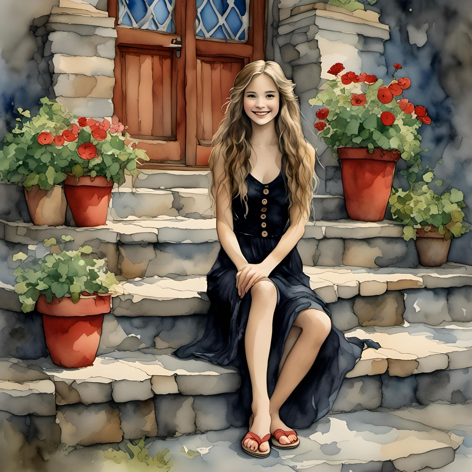 Woman in Black Dress on Stone Steps in Watercolor