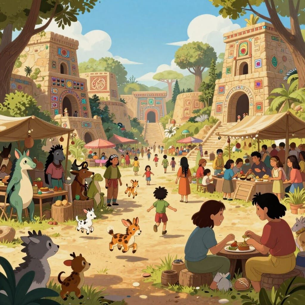 Vibrant Fantasy Marketplace with Forest Beings and Humans