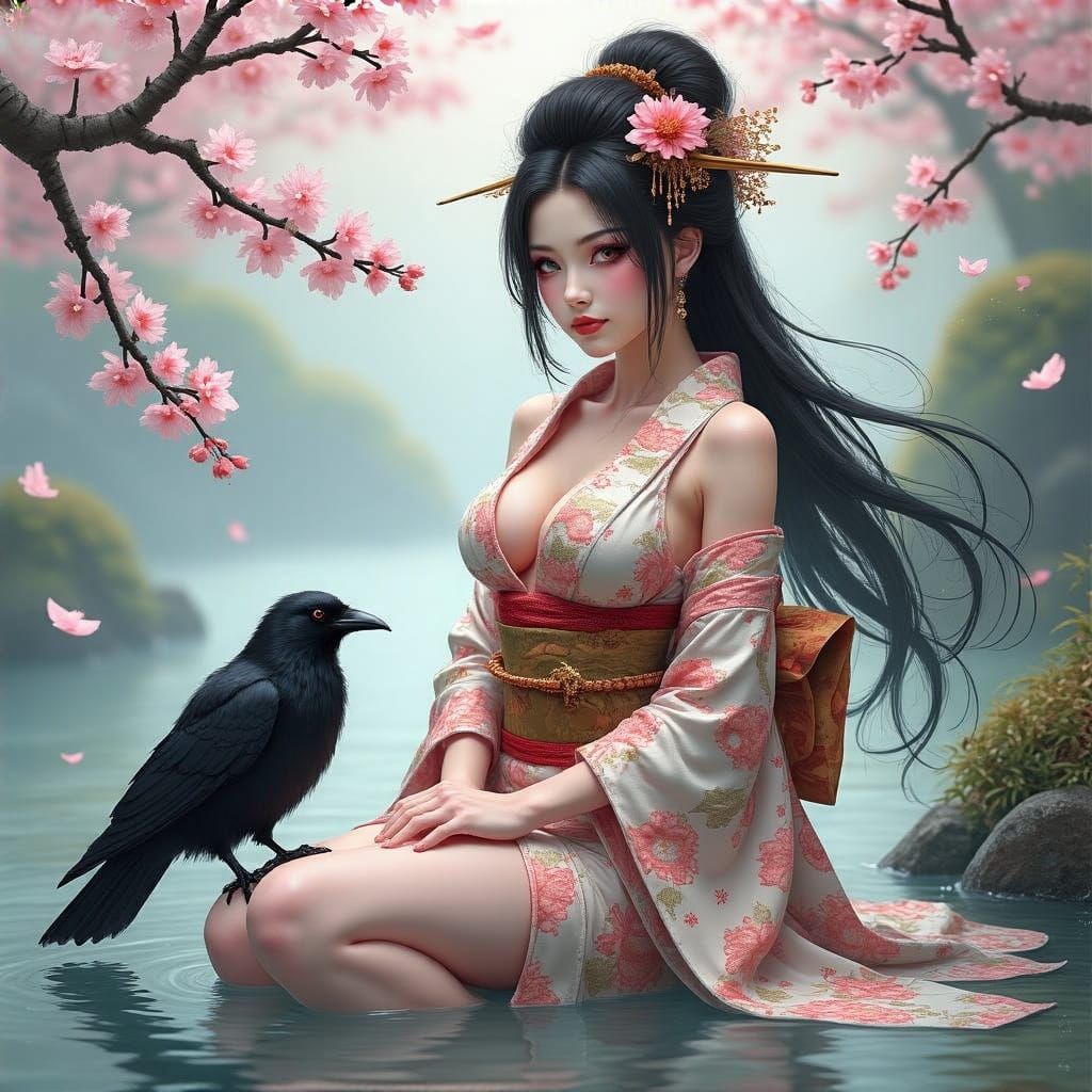 Ethereal Geisha Goddess Among Blossoming Cherry Trees and a ...