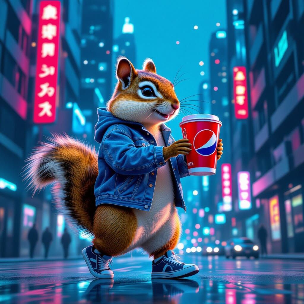 Giant Chipmunk Picks Up Pepsi in Neon City, Syd Mead Style