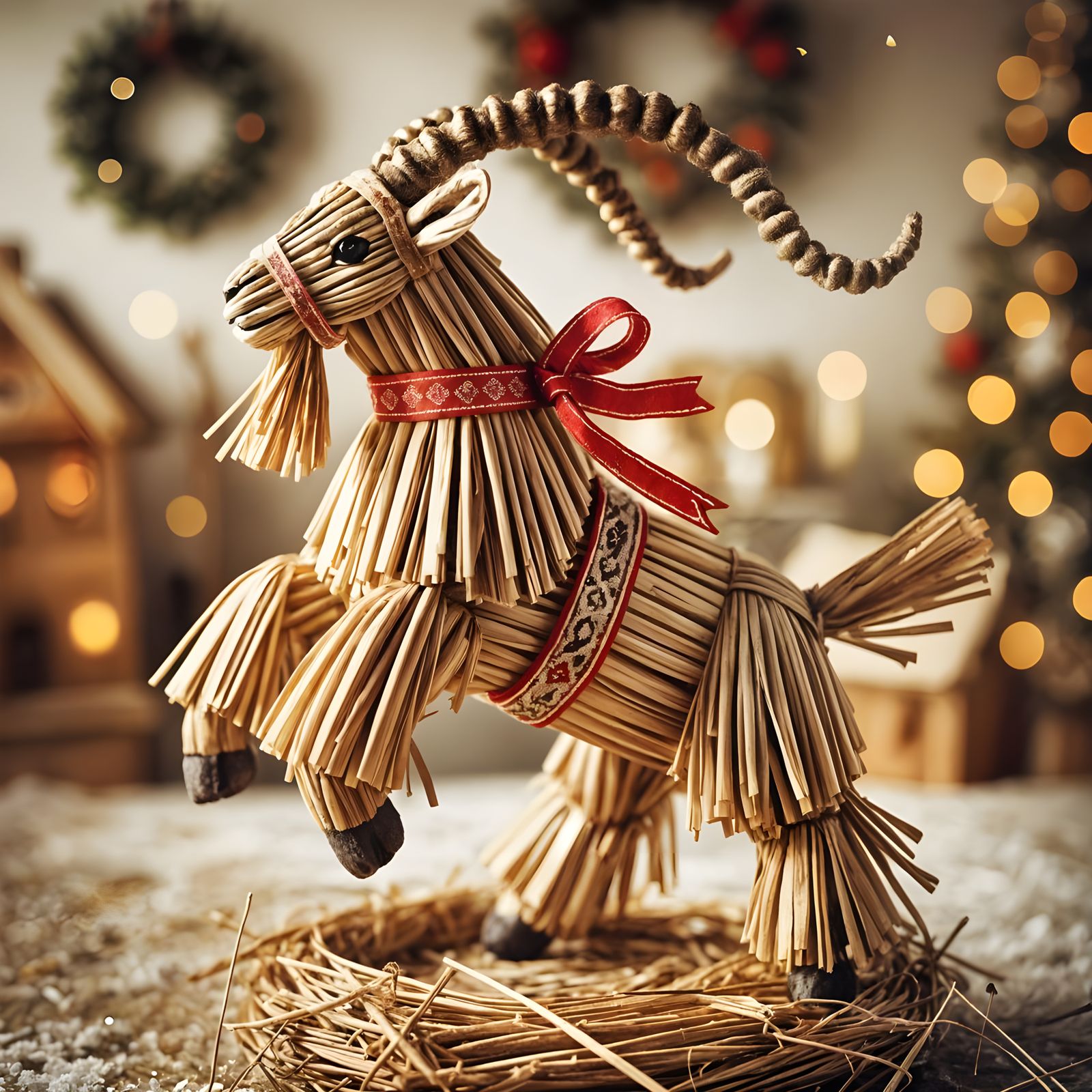 Festive Straw Yule Goat Portrait with Bokeh