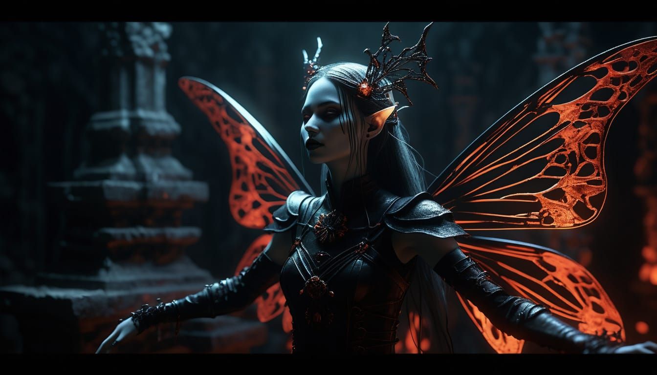 Gothic Onyx Fairy in Dark Catacombs: Digital Art