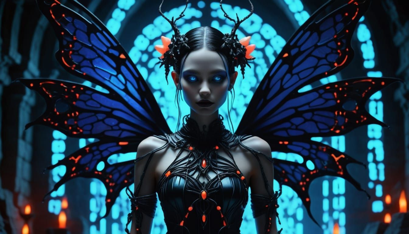Gothic Onyx Fairy with Glowing Circuits in Dark Fantasy