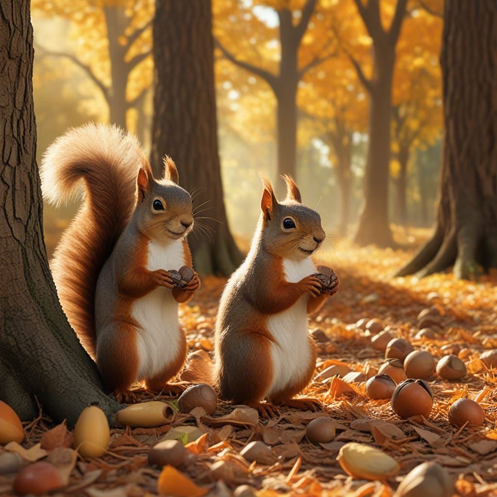 Autumn Squirrels Gathering Acorns in Digital Painting