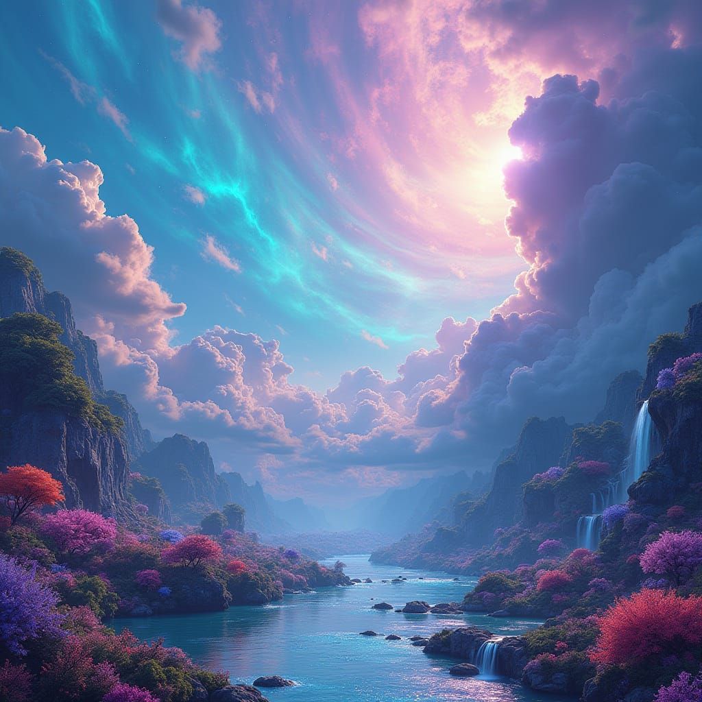 Surreal Fantasy Landscape with Bio-Luminescent Sky and Cryst...