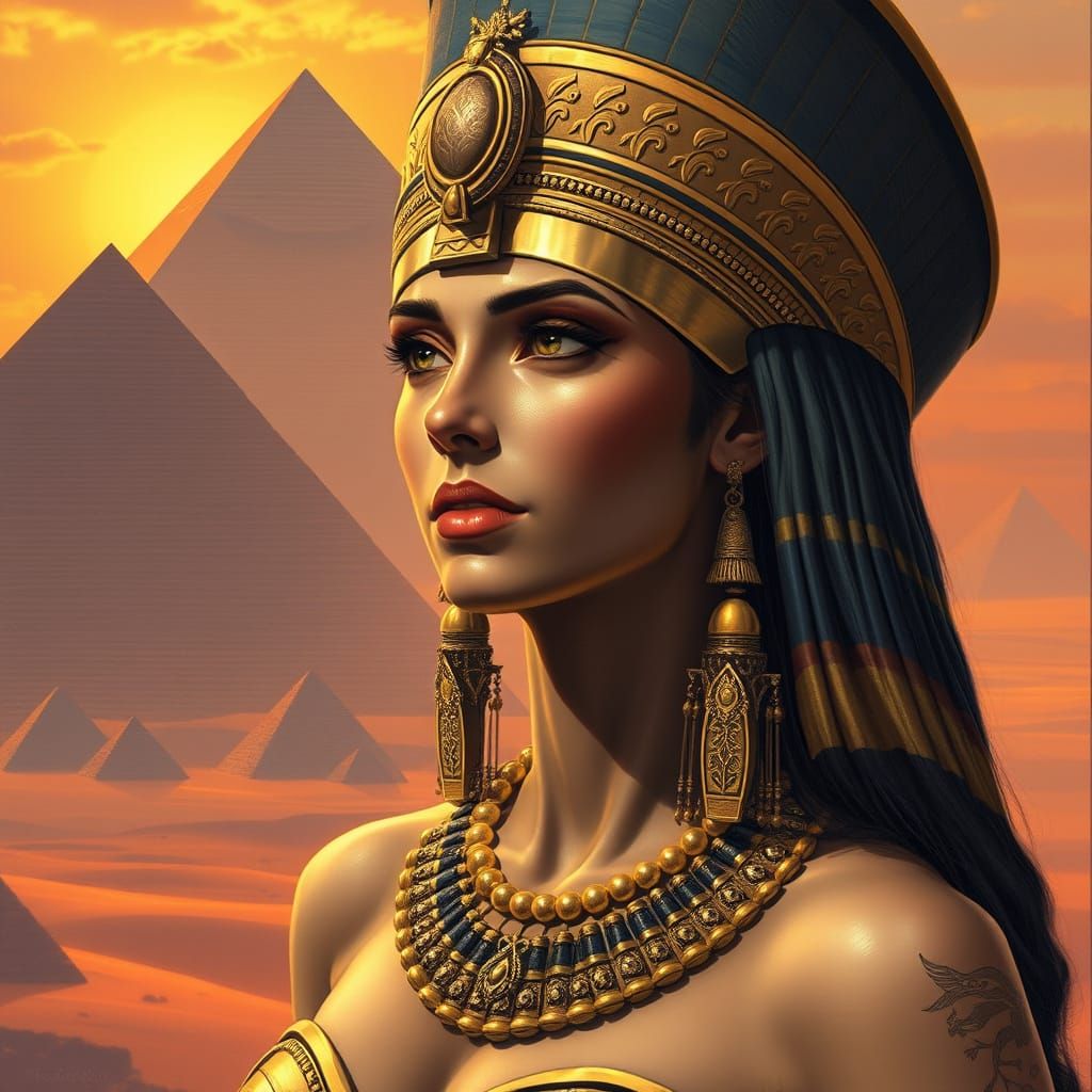 Egyptian Queen in Front of Majestic Pyramids