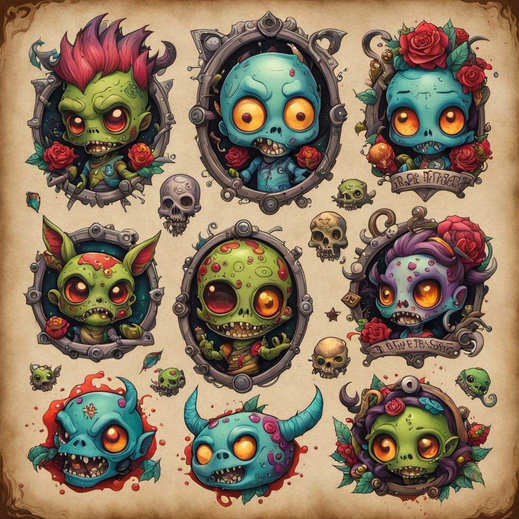 Vivid New-School Tattoo Flash Sheet