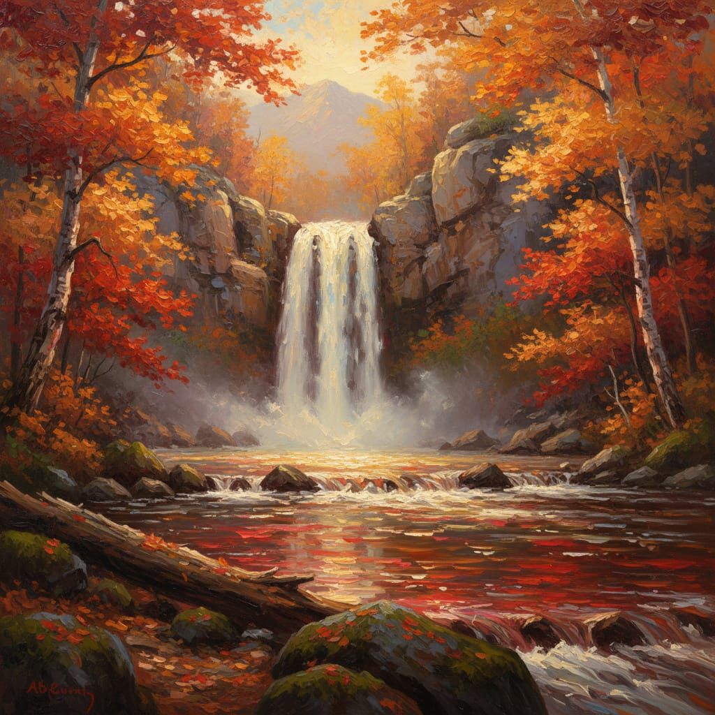 Magical Autumn Waterfall in Impressionistic Oil Style