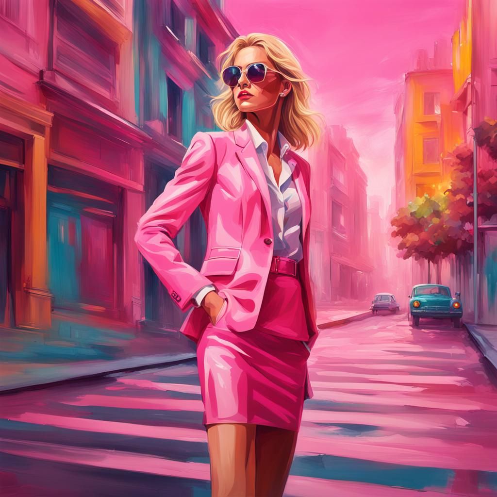 Glamorous Blonde Woman in Pink Suit: Hyperrealistic Art