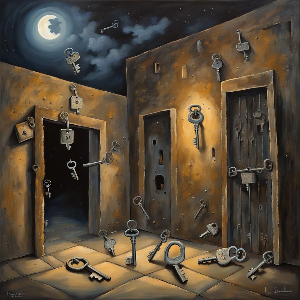 Dancing Keys in Moonlit Courtyard: Surreal Painting