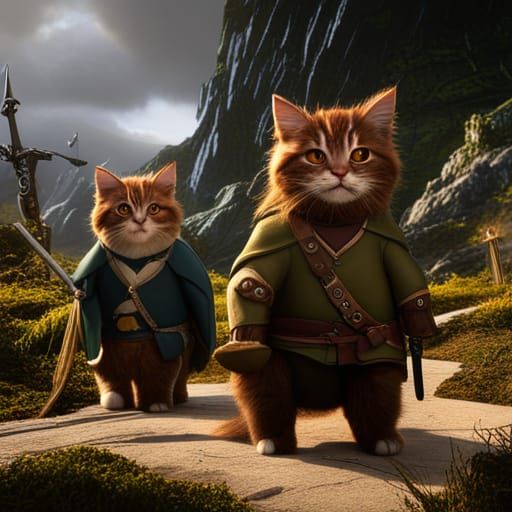 Middle Earth Cats as Hobbits: Detailed Matte Painting