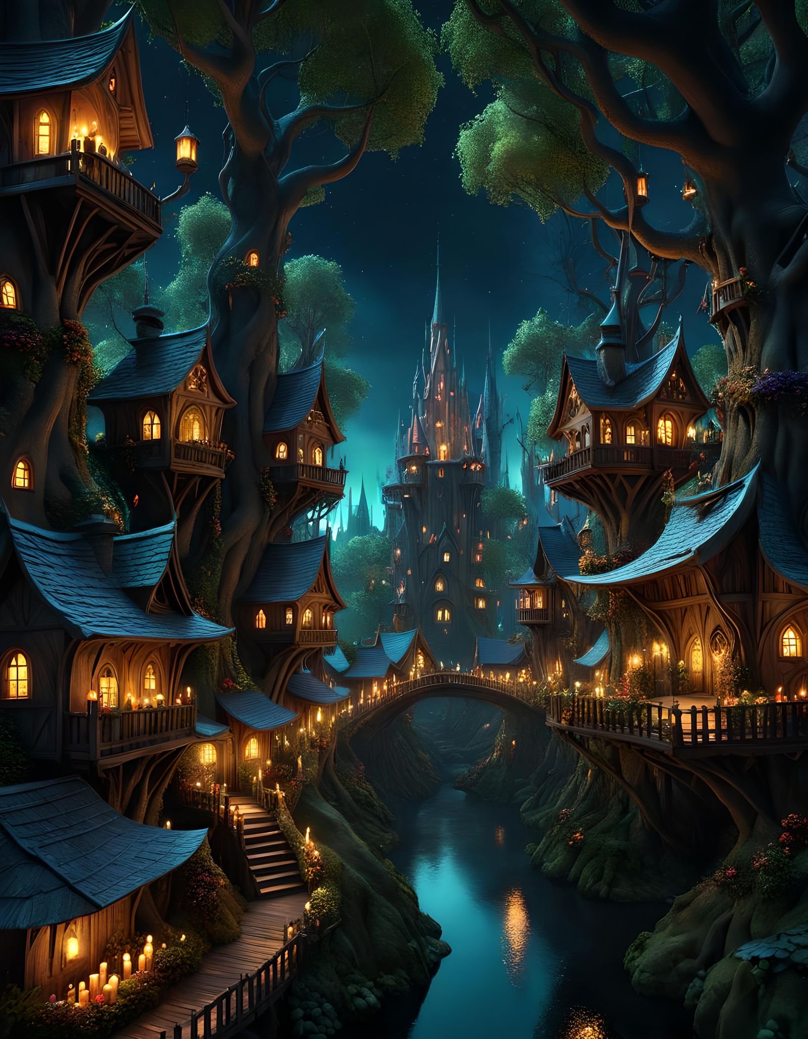 Goblincore Tree City: A Fantasy Village at Night