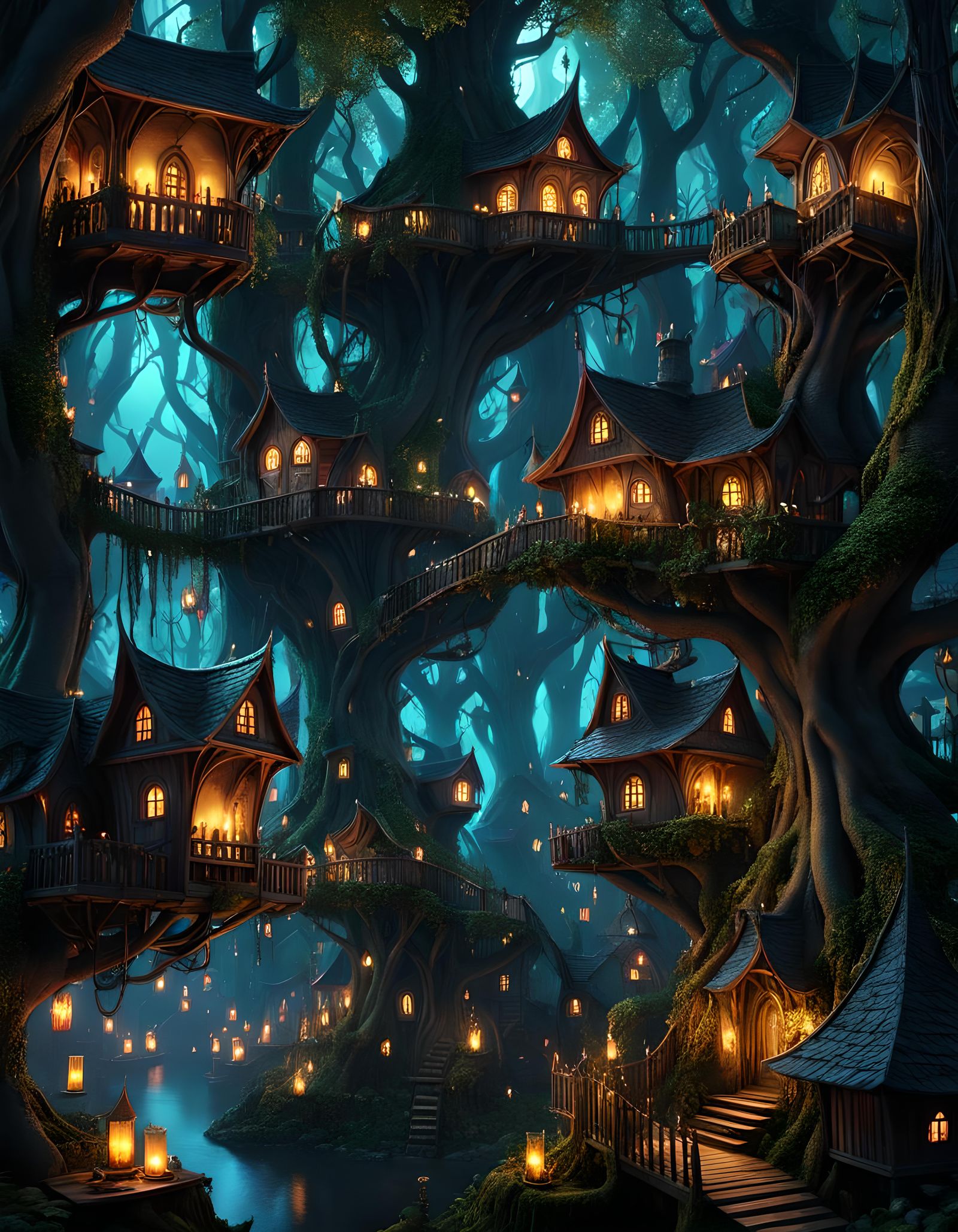 Goblincore Tree City at Night in Dark Fantasy Style