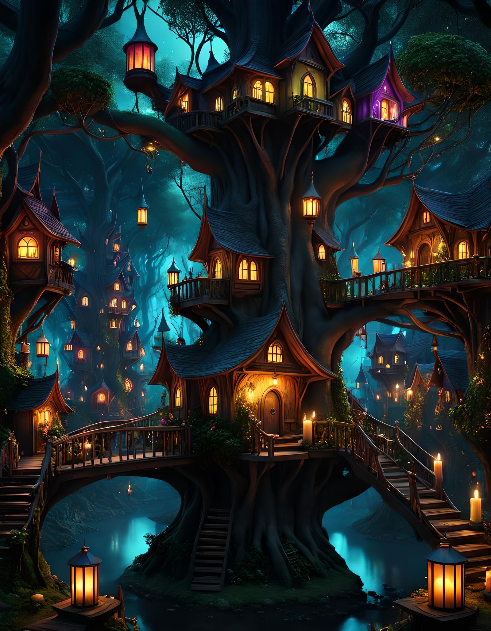 Goblincore Tree City at Night in Deep Woods