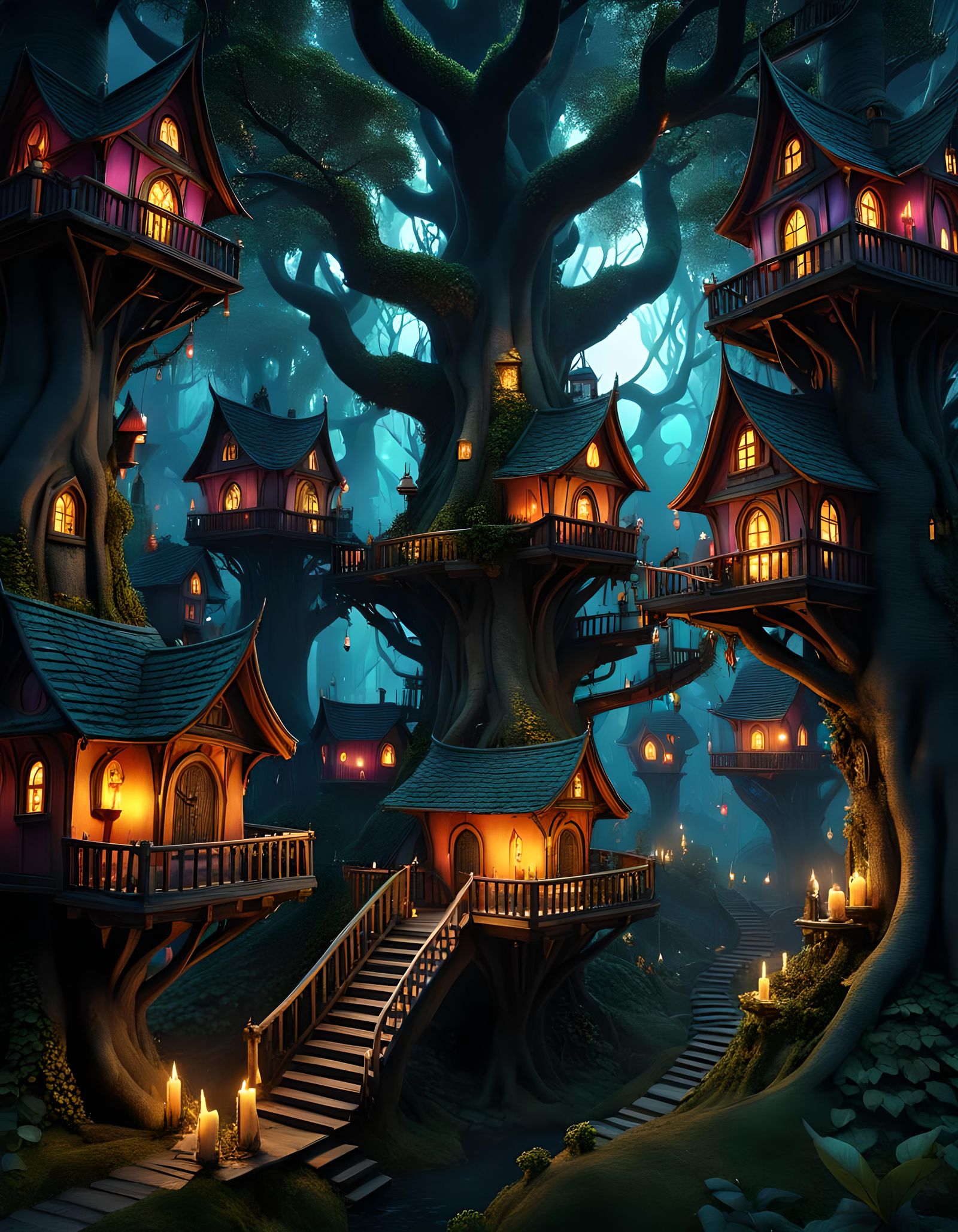 Goblincore Tree City at Night in Dark Fantasy Style