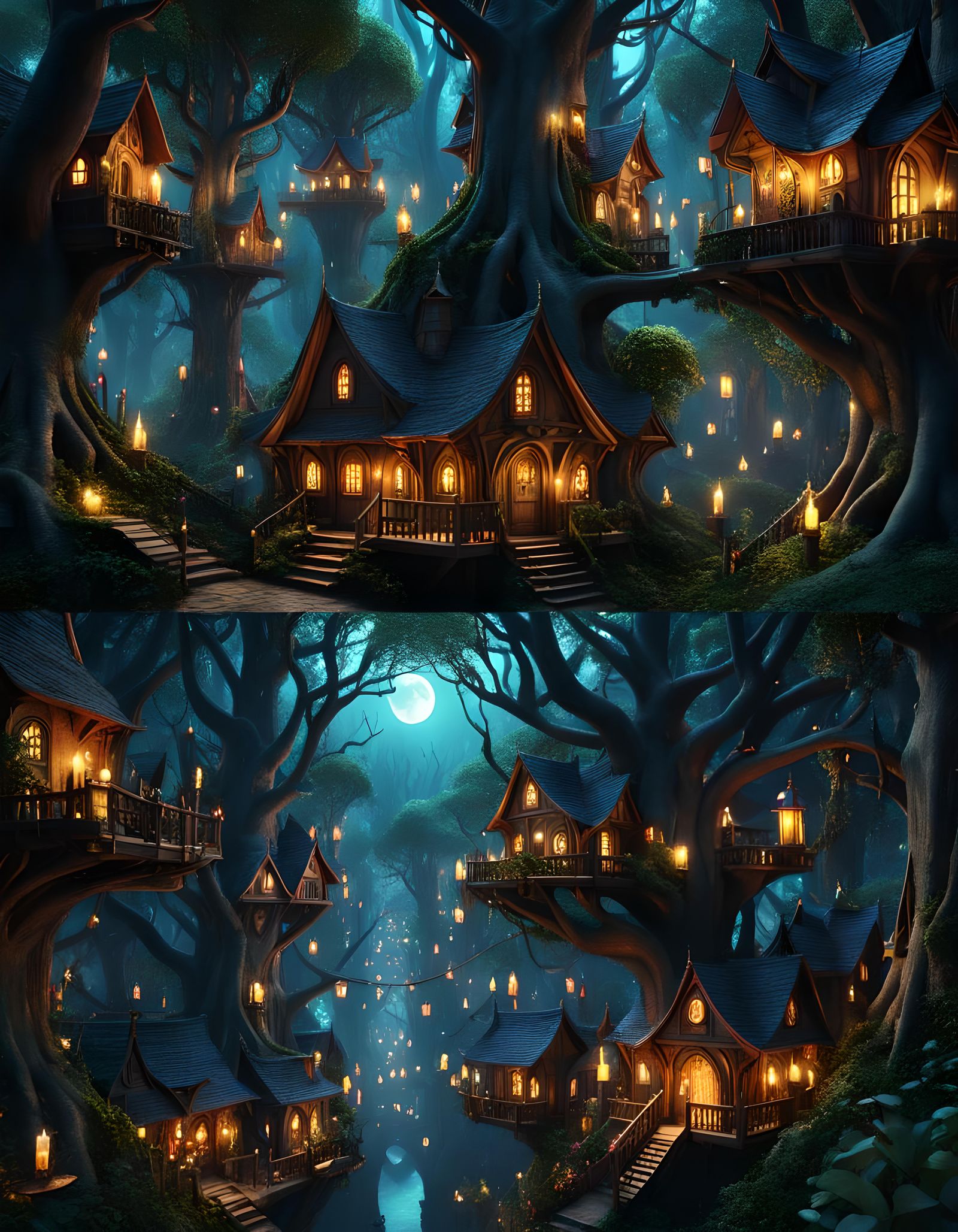 Goblincore Tree City at Night in 3D