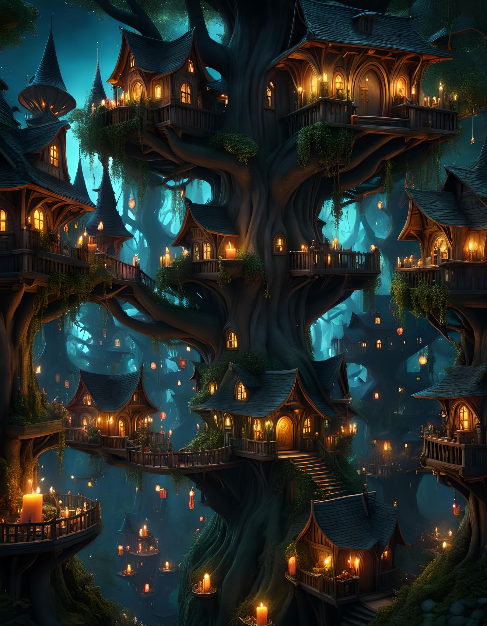 Goblincore Tree City at Night in Dark Fantasy Style