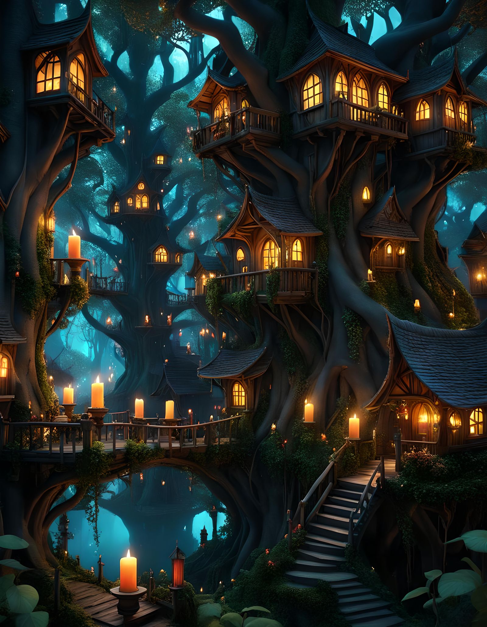 Goblincore Tree City at Night in Dark Fantasy Style