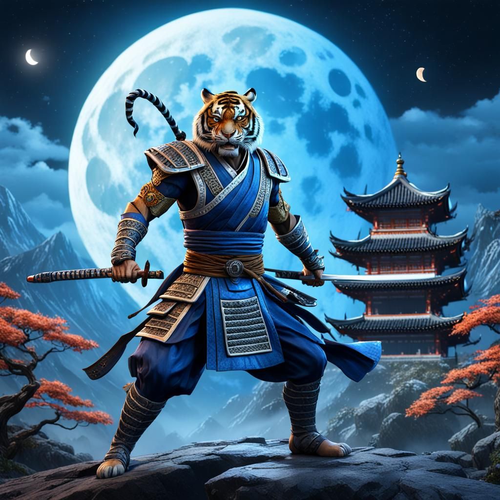 Humanoid Tiger Samurai Under Full Moon