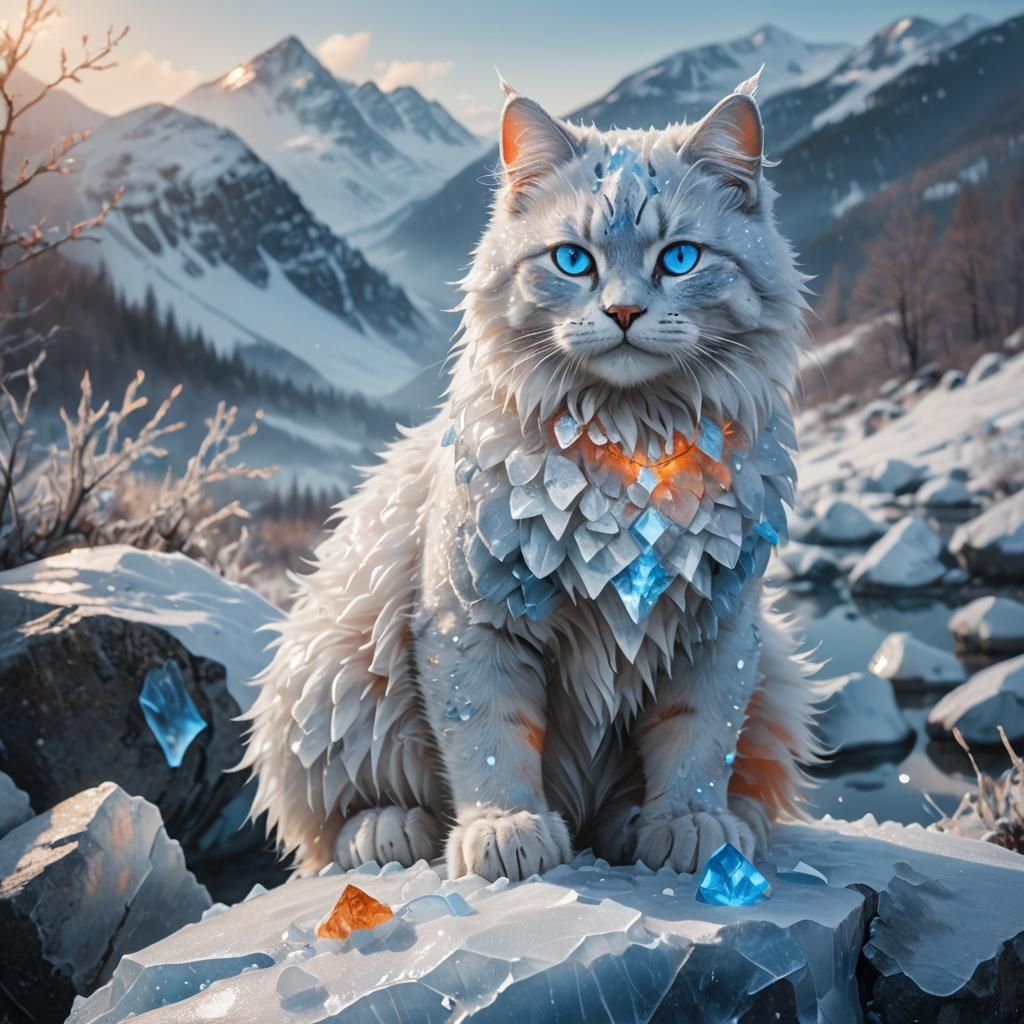 Icy Snow Cat in Misty Mountain Landscape