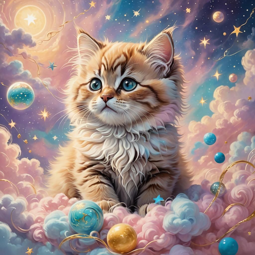 Pastel Kitten in Magic Clouds, Art Nouveau Style