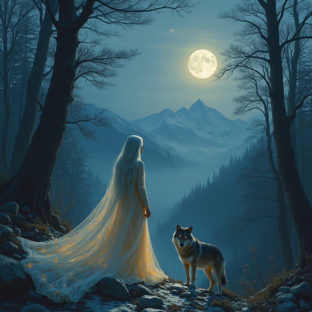 Ethereal Woman in Silver Hair Stands at Edge of Misty Forest