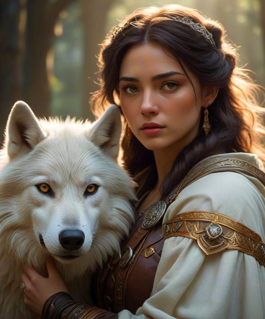Stunning Fantasy Ranger and Her Majestic White Wolf Hunt Ter...