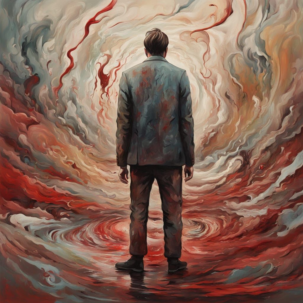 Surrealist Oil Painting of Dizzy Figure Tilting Floor