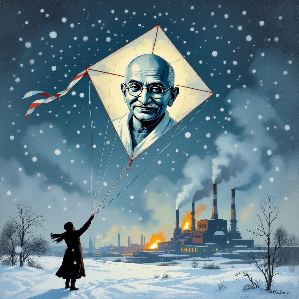 Gandhi Kite Flies Over Industrial Factory in Social Realism ...