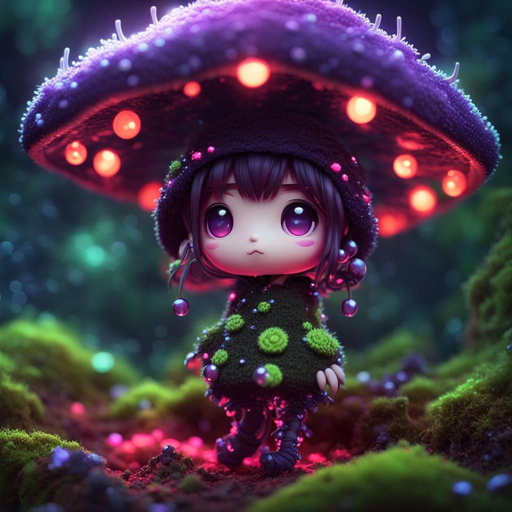 Kirlian style aura of Cute chibi fungi moppet, covered in pretty moss, beads, tropical neon glow By artist "anime", 3d a...